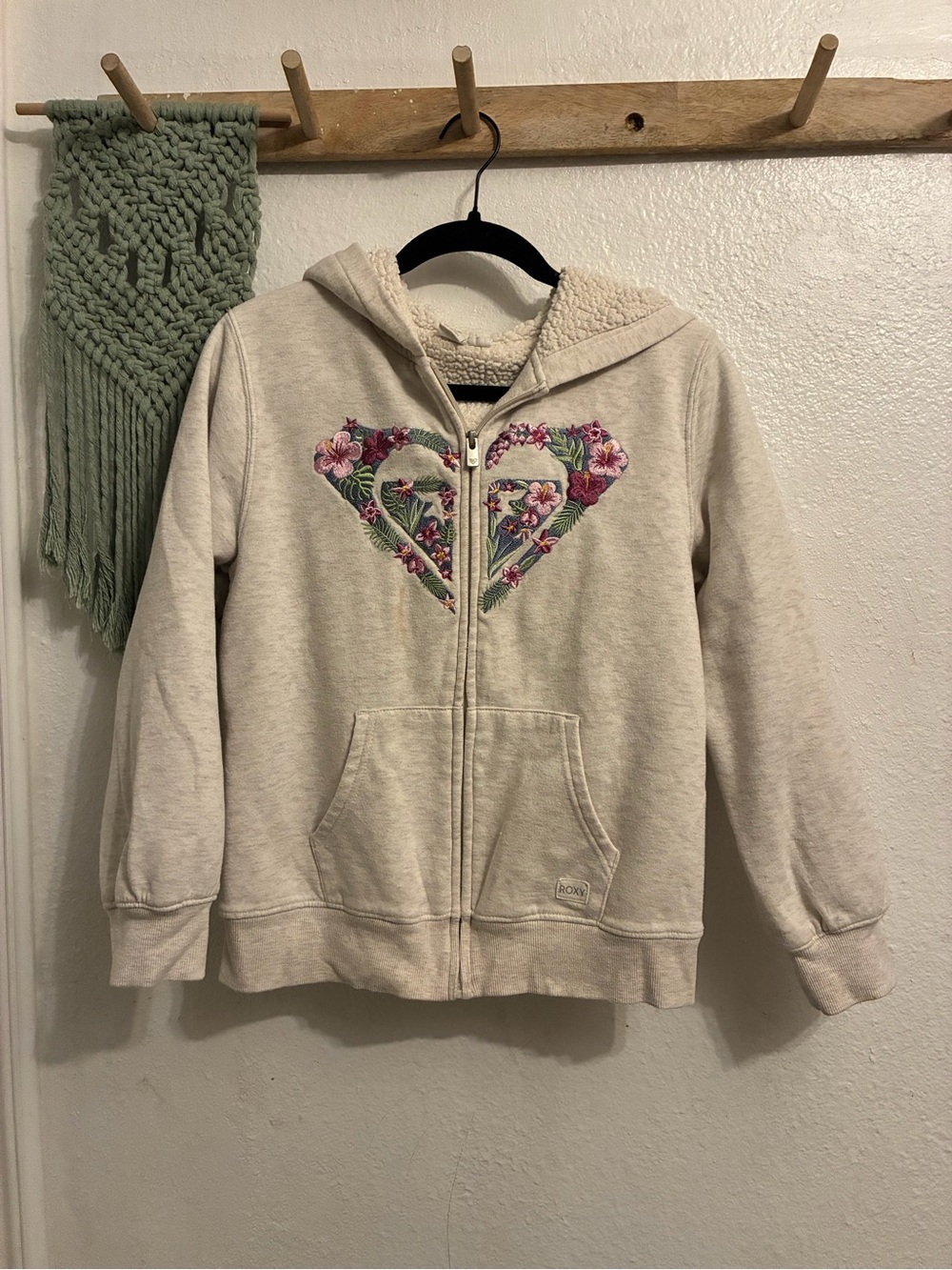 Roxy Cream Zip-Up Hoodie with Floral Heart Embroidery